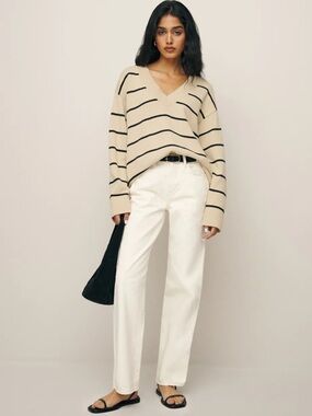 Reformation Cream and Black Striped V-Neck Sweater